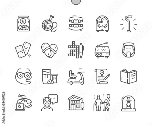 Old age. Nursing home. Older people. Last will. Crossword, domino, knitting and other. Pixel Perfect Vector Thin Line Icons. Simple Minimal Pictogram