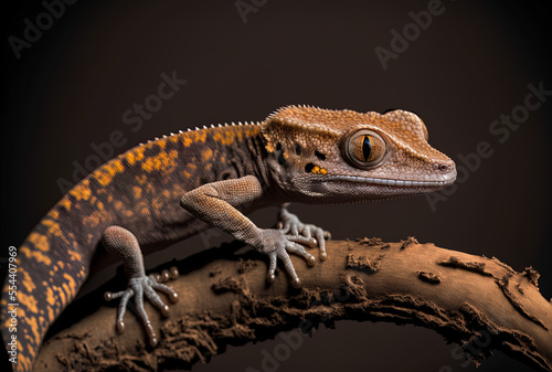 Close up of a malagasy gecko on a branch with a dark background closeup of a madagascan species. Generative AI