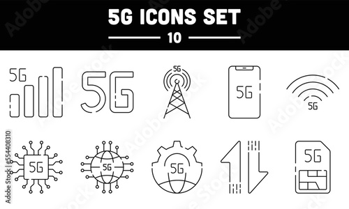 Black Lineal Style 5G Icon Or Symbol Set.