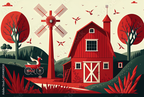Illustration of an agricultural setting with a red barn and a windmill. Generative AI