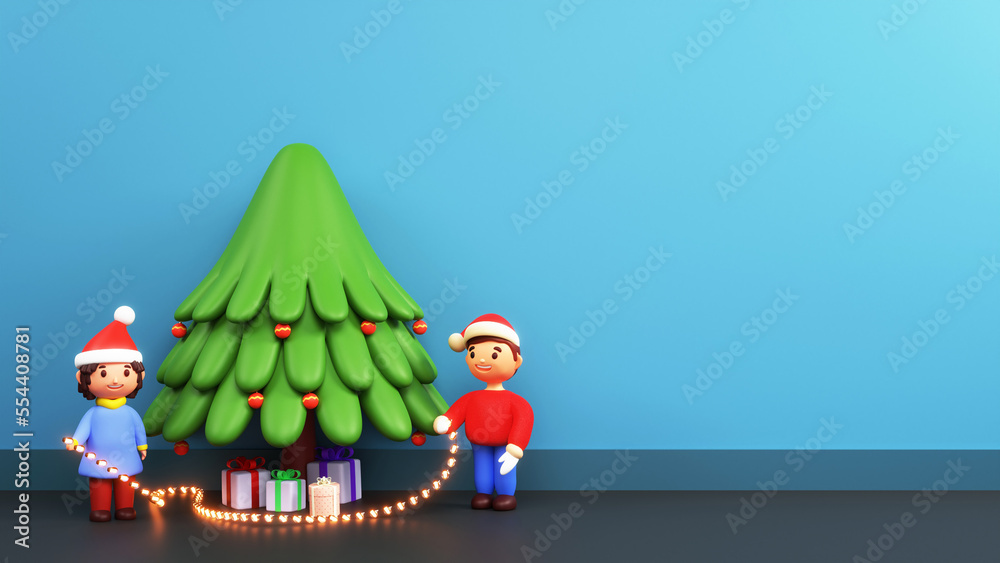 Naklejka premium 3D Render Of Cartoon Kids Holding Lighting Garland With Gift Boxes Under Xmas Tree On Blue Background And Copy Space.