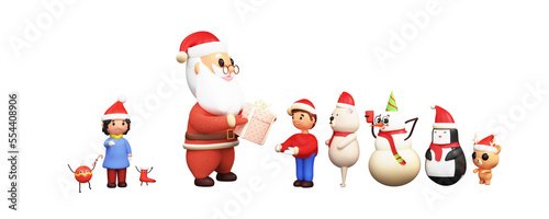 3D Render Santa Claus Offering Gifts To Kids, Polar Bear, Snowman, Penguin And Reindeer On The Occasion Of Merry Christmas. © Abdul Qaiyoom