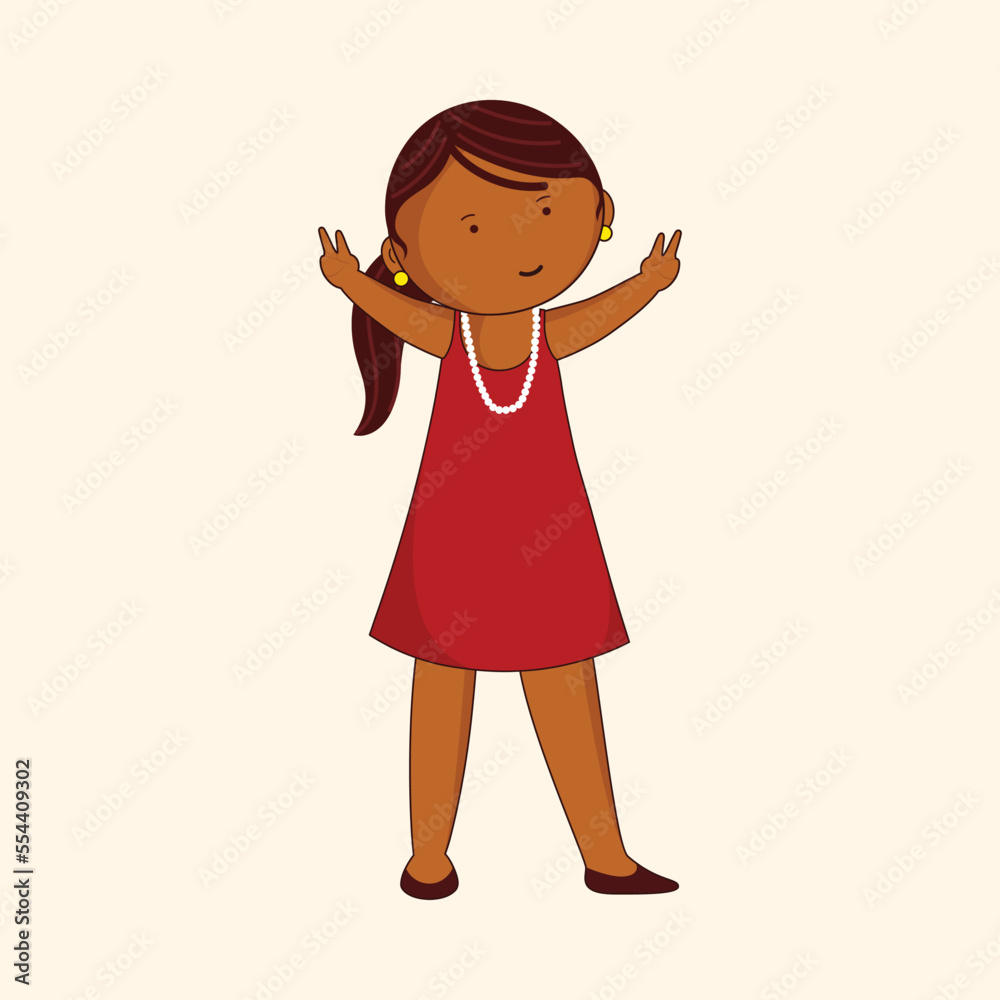 Cartoon Girl Gesturing Victory (V) Or Peace Sign On Cosmic Latte Background. Cartoon Girl Gesturing Victory (V) Or Peace Sign On Cosmic Latte Background.
