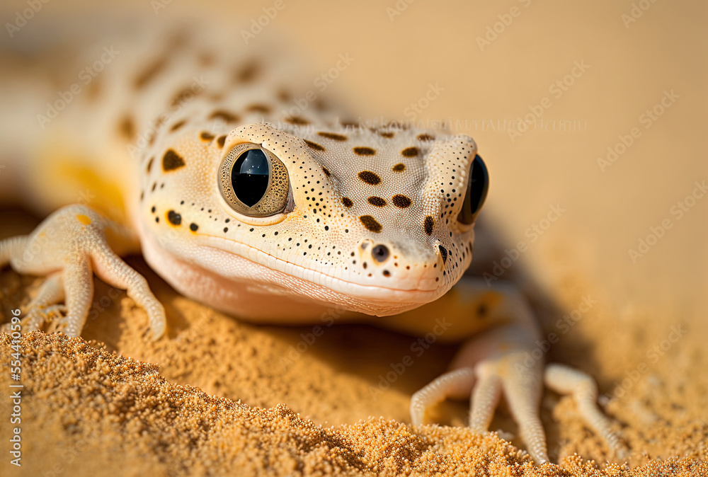 Sand gecko stenodactylus petrii stenodactylus petrii gecko basking in the sand closeup
