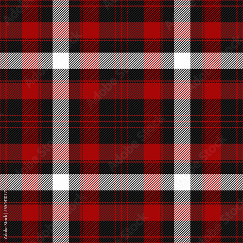 Christmas and new year tartan plaid. Scottish pattern in red, black and white cage. Scottish cage. Traditional Scottish checkered background. Seamless fabric texture. Vector illustration