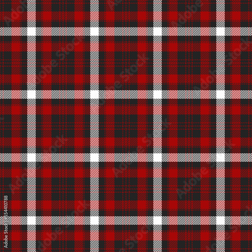 Christmas and new year tartan plaid. Scottish pattern in red, black and white cage. Scottish cage. Traditional Scottish checkered background. Seamless fabric texture. Vector illustration