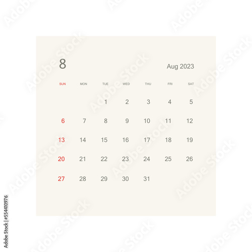August 2023 calendar page on white background. Calendar background for reminder, business planning, appointment meeting and event.
