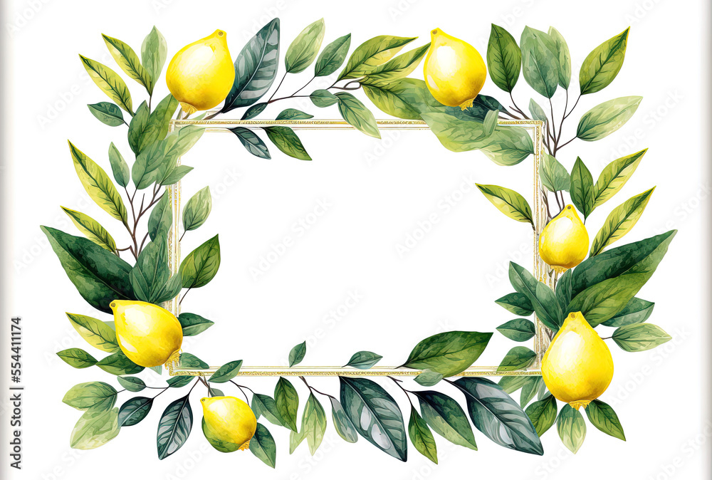 Lemon frame in a hand drawn watercolor painting on a white backdrop. Branches, buds, and green leaves are shown in a. Ideal for use as a card backdrop for birthdays, mothers' Day, and wishes