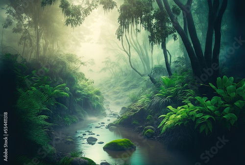 river in a jungle rainforest, with trees shrouded in fog. Fantasy lush and serene tropical landscape with a stream. mysterious nature's calm in a tropical forest. Generative AI © 2rogan
