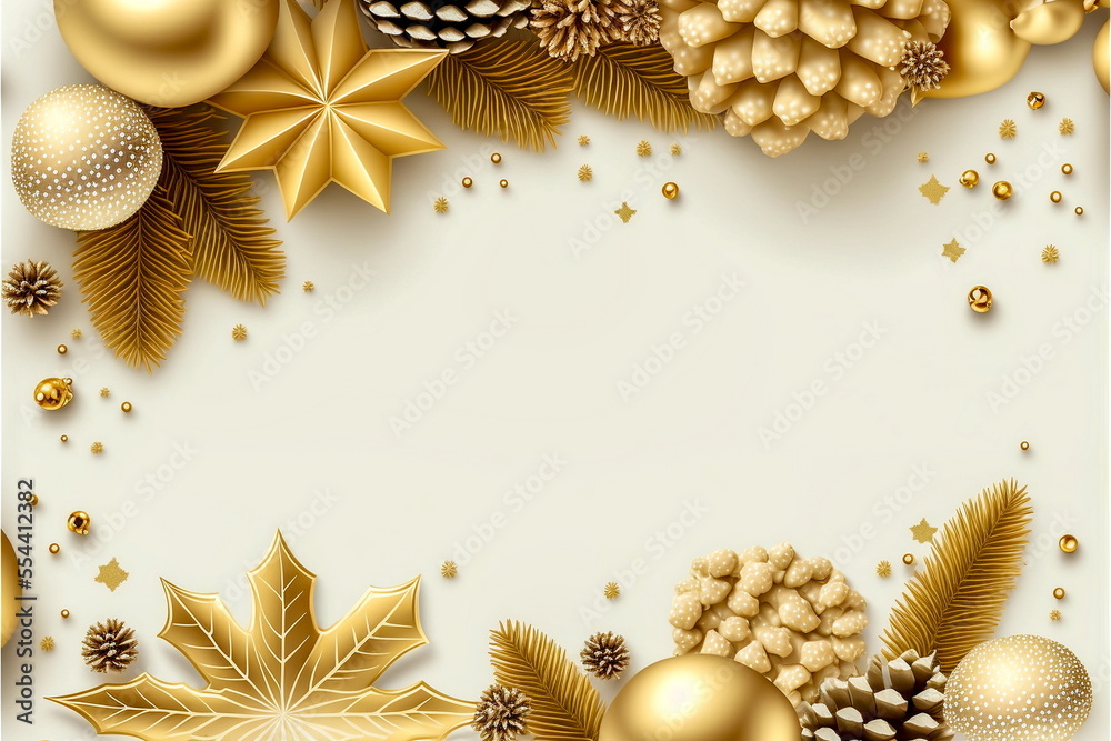 Gold Christmas holiday background. Christmas and New Year holiday horizontal frame, banner. Gold ornaments, baubles, snowflakes, pine cones . For celebration banners, poster with copy space