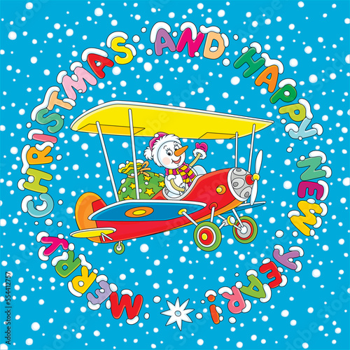 Merry Christmas and happy New Year card with a funny snowman flying on a colorful toy plane with a magical bag of holiday gifts for little children, vector cartoon illustration