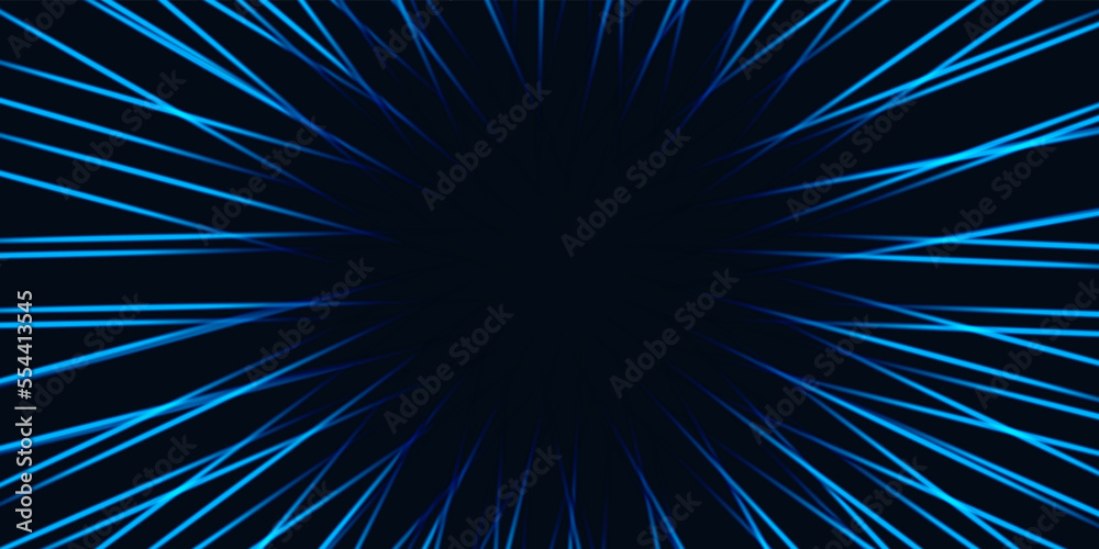 Abstract black background with blue neon lights and empty frame.