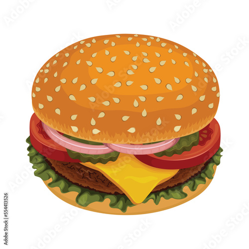 hamburger burger food cheeseburger beef bread meat sandwich meal lunch delicious tasty vector illustration