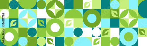 Bio template for ecological social projects, seamless pattern for eco packaging with green flowers. Natural style banner, mosaic of geometric white shapes.