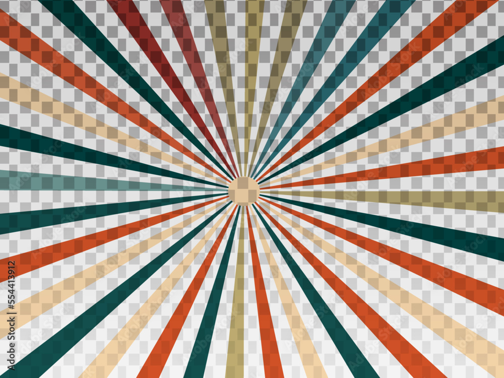 retro starburst and sunburst background, pattern with a vintage color palette of red orange peach teal blue brown and beige on transparent background