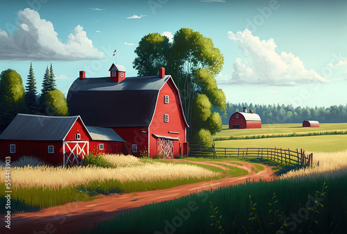 Fields with a red barn in the summertime countryside. countryside setting Farm construction farm upbringing. Generative AI photo