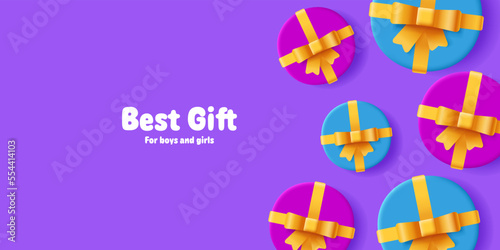 Violet background with round gift boxes and golden ribbons top view cartoon style, blue and pink colors