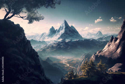 Mountain scenery in the distance. Generative AI