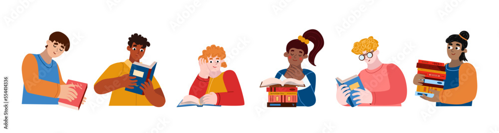 Multi-culture people read books. Afrcan american, asian, caucasian, latino american are set of reading characters. Vector illustration about diversity in cartoon style. Multi-culture people read books. Afrcan american, asian, caucasian, latino american are set of reading characters. Vector illustration about diversity in cartoon style.