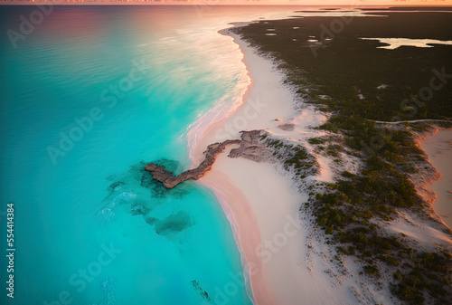 Beautiful Cape Santa Maria Beach, Long Island, Caribbean, and Bahamas seen from above at dusk. Generative AI