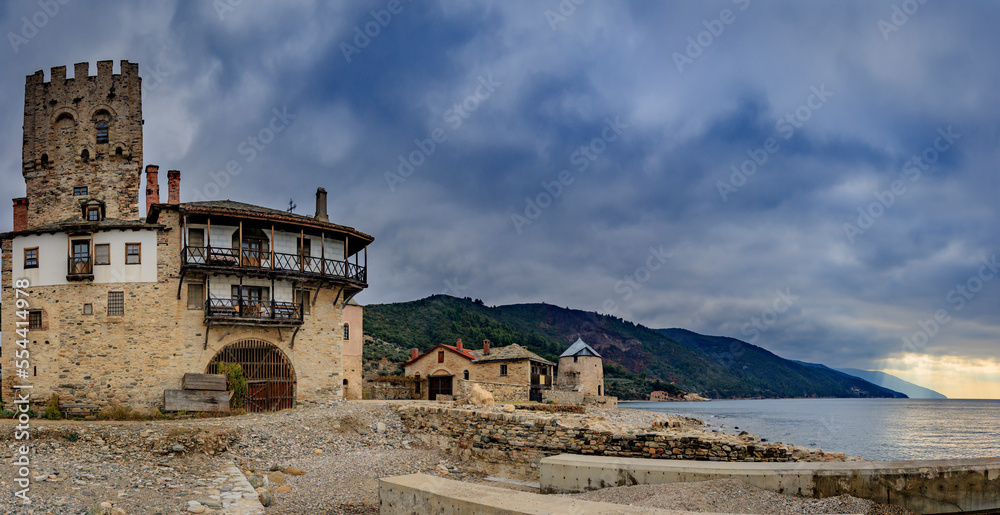 The harbour of Saint George the Zograf Monastery or Zograf Monastery in Greece. It was founded in the late 9th or early 10th century by three Bulgarians from Ohrid.
