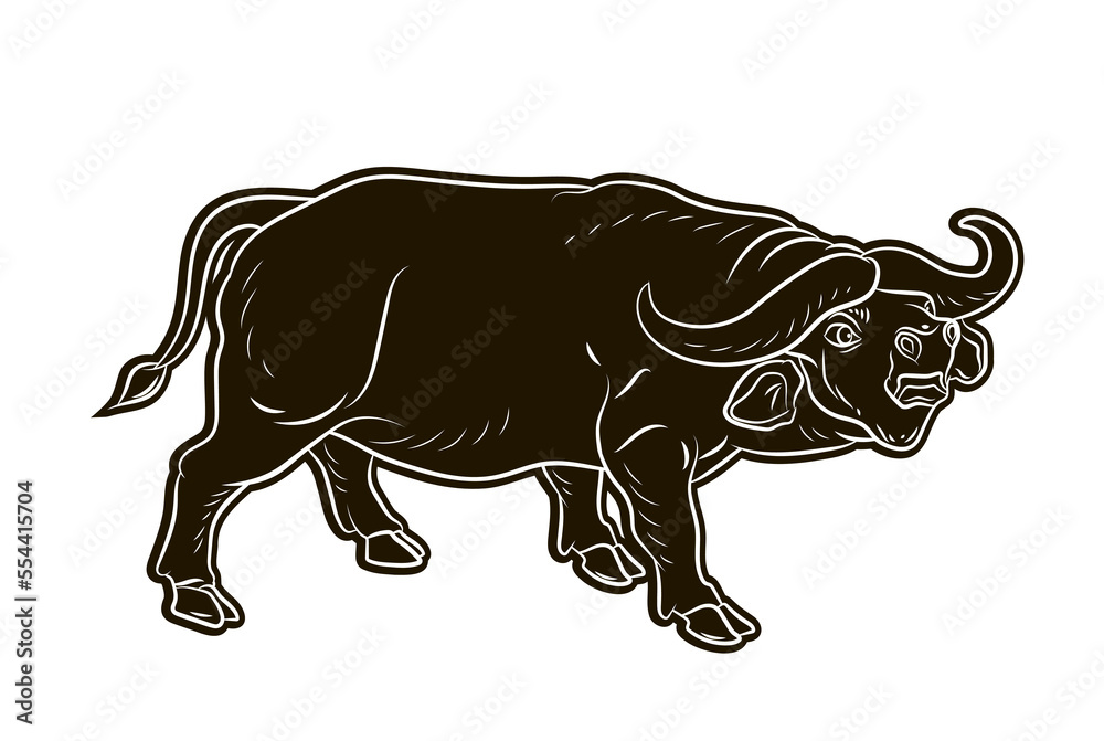 Obraz premium Large wild animal buffalo, black and white image. Vector drawing.