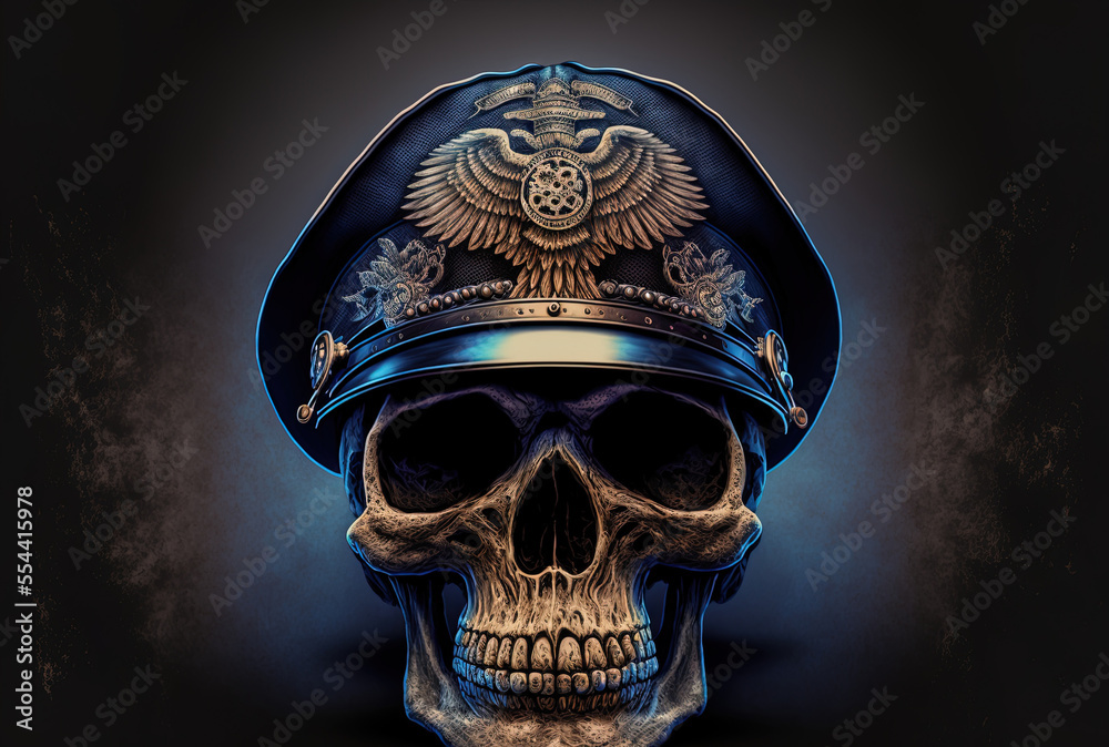 An image of a skull wearing a police cap. Generative AI An image of a skull wearing a police cap. Generative AI