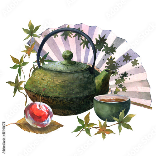 Watercolor asian tea set with dack green teapot, green cup of tea, jelly cherry on leaves of sakura and Japan fan, isolate on white background.