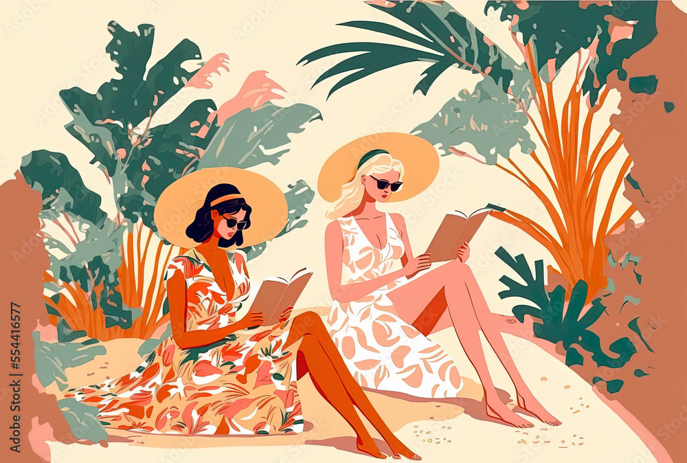 Beautiful ladies in diverse settings, such as on the beach or lounging by the pool while reading books, in a vacation atmosphere with a feminine concept image. Design in a flat style. Generative AI