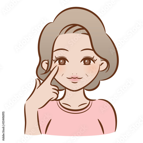 ブラッシュペンで描かれたイラスト / 目を指差すシニアの女性