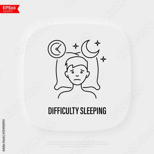 Insomnia: tired man lying on pillow, sleepless, depression, stress. Thin line icon. Vector illustration.