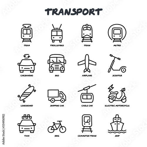 Transport doodle icons set. Metro, train, trolleybus, airplane, scooter, carsharing, bus, cable car, electric motorcycle, longboard. Vector illustration.