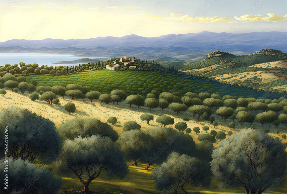 Obraz premium Panorama of the Maremma countryside at dusk, with olive trees, undulating hills, and green fields. Horizontal sea. Tuscany, Casale Marittimo, and Europe. Generative AI
