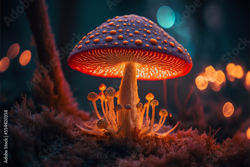 Mystical glowing red mushroom made with Generative AI 