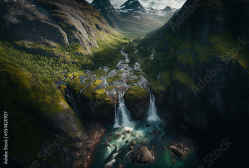 aerial photograph taken in Norway shows the stunning waterfalls over the mountains. Generative AI