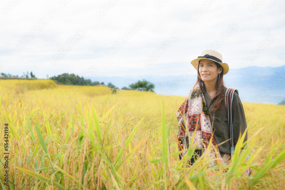 Female Tourist with Baan Pa Bong Piang Rice Terraces at Chiang Mai Province
