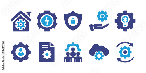 Management icon set. Duotone color. Vector illustration. Containing house, energy, security, setting, idea, user profile, project management, human resources, cloud, new. © Huticon