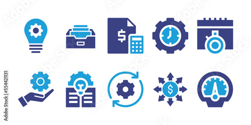 Management icon set. Duotone color. Vector illustration. Containing idea, archive, asset management, time management, chronometer, settings, solutions, spending money, efficiency.