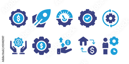 Management icon set. Duotone color. Vector illustration. Containing management, rocket, performance, gear, work in progress, benefit, system, wealth, house. © Huticon