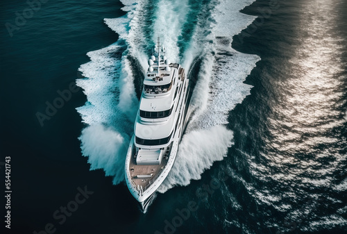 Murais de parede Fast luxury white mega boat motion in the top view of the ocean