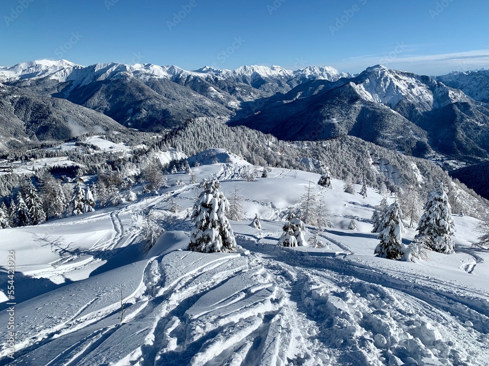 View from the top of the mountain after a snowfall. Abundant snow and clear skies. Mount Zoncolan, Sutrio, Italy. On 06 January 2022.