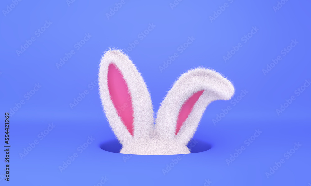 White rabbit in a hole on blue background White rabbit in a hole on blue background