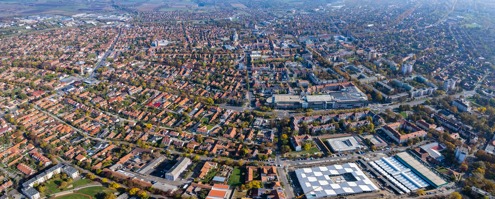 Aerial view of the city Békéscsaba in Hungary on a sunny day in autumn.	