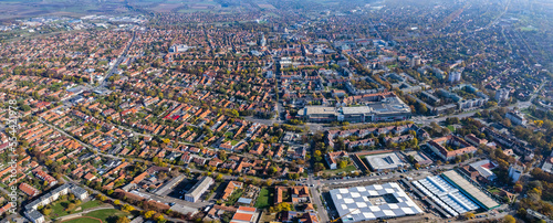 Aerial view of the city Békéscsaba in Hungary on a sunny day in autumn. 