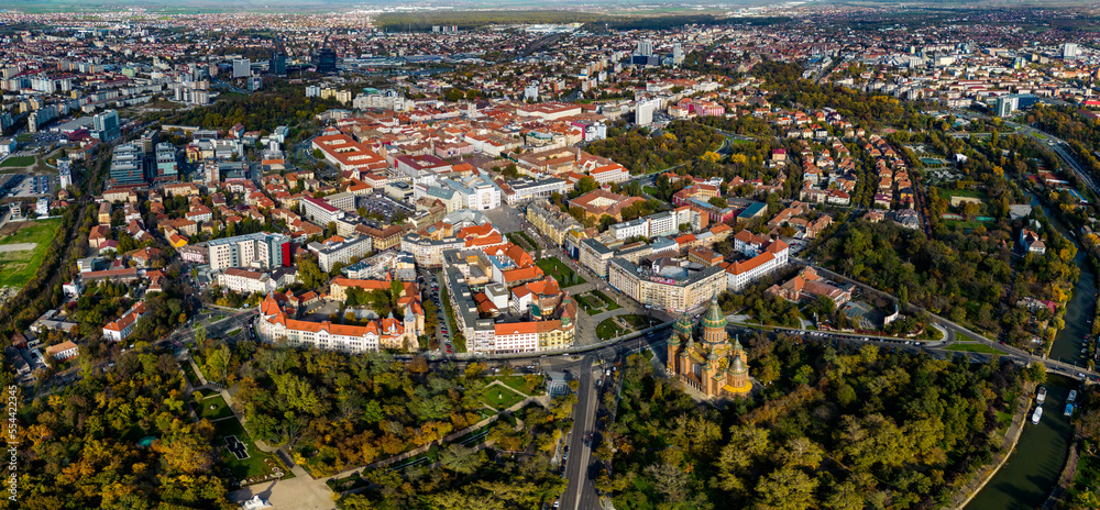 Aerial view of the city Timisoara in Romania on a sunny day in autumn.