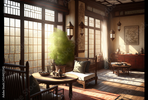 The room s warm oriental atmosphere  which is decorated in beige tones with wicker furniture and genuine materials  is illuminated by sunlight coming through a large panoramic window. Generative AI