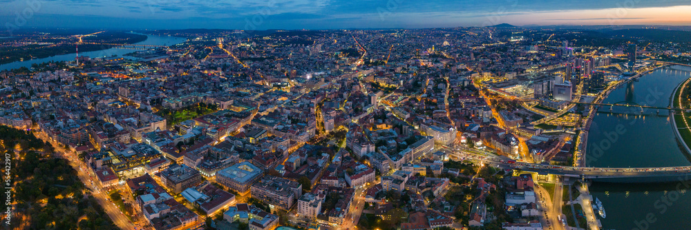 Aerial view around the city capitol Belgrade in Serbia on an early night on an autumn day.