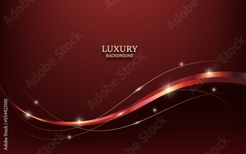 Abstract luxury 3d red colored stripe curved and golden lines with glitter light effect on red background