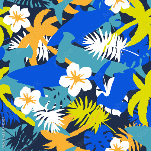 Tropical summer seamless pattern.Palm leaf, flower and surfboard drawing.Summer elements vector print.Vector illustration design for fashion fabrics, textile graphics, prints and other uses.