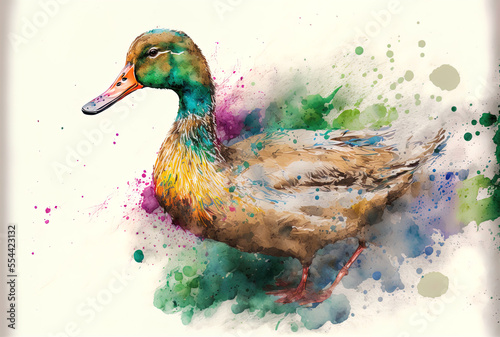 Duck from a watercolor splash, realistic colored artwork. Paints in a graphic. Generative AI